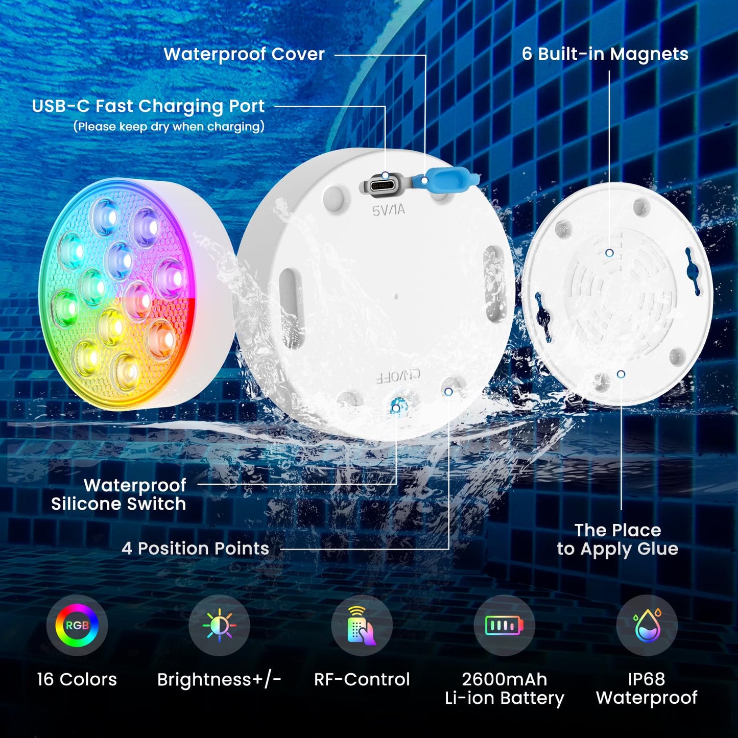 LOFTEK Submersible Pool Lights with Remote, Rechargeable LED Pool Light, Underwater Pool Light, 16 Color Changing Floating Pool Lights for Pool, Shower, Hottub, Pond, Bathroom (4 Pack)