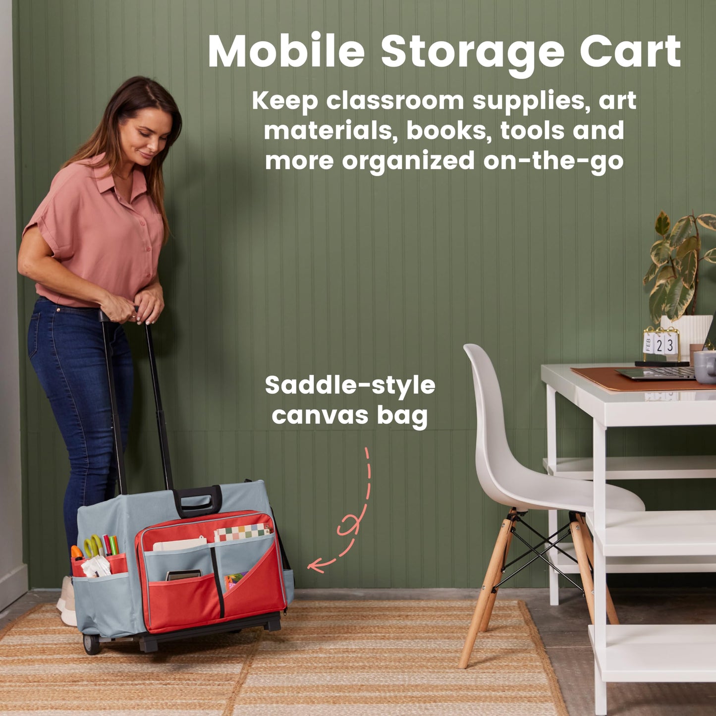 ECR4Kids Universal Rolling Cart with Canvas Organizer Bag, Mobile Storage, Red/Grey
