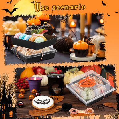 Yaomiao 50 Pcs Halloween Pumpkin Charcuterie Boxes with Clear Lid Rope Card 5.3 Inch Square Disposable Paper Food Containers Bakery Dessert Treat Boxes for Cake Cookie Sandwich Halloween Party Favor