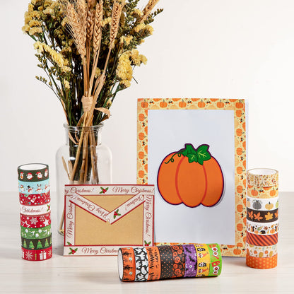 Whaline 24 Rolls Fall Halloween Christmas Washi Tape 3 Holidays Masking Tape Leaves Pumpkin Ghost Snowflake Santa Decorative Tapes for Thanksgiving Autumn Winter Xmas Scrapbook Journal DIY Art Craft