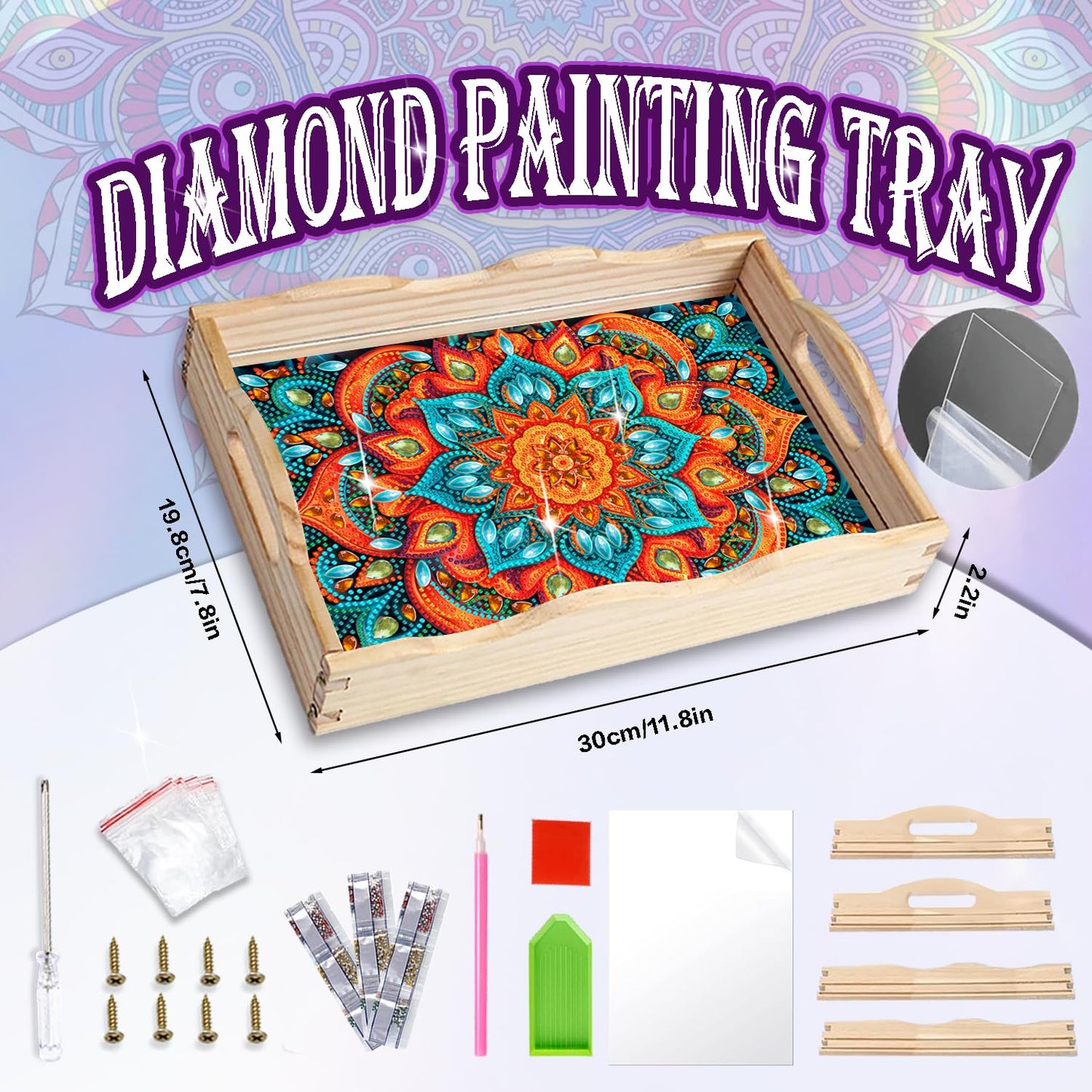 EWJRNSF Diamond Art Kits for Adults Wooden Serving Trays with Handles, 5D Diamond Painting Big Gem Arts and Craft Gifts Trays Decor Gift Home Decor 7.8x11.8 Inches Mandala E