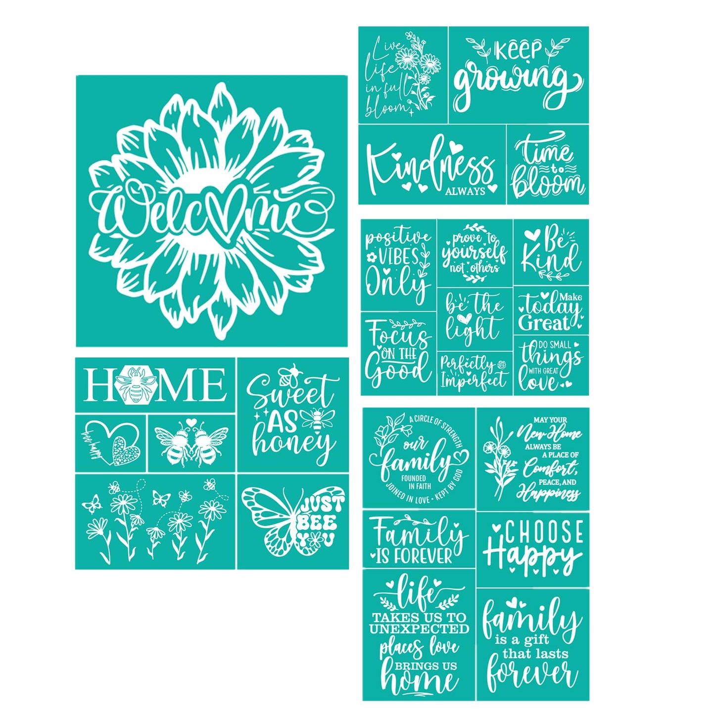 JAJADO 5Pcs Self Adhesive Silk Screen Stencils - Farmhouse Family Welcome Home Screen Print Mesh Stencils - Inspirational Faith Reusable for Painting on Wood Sign/Porch Sign/T-Shirt/Cup/Mug/Glass