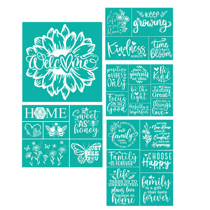 JAJADO 5Pcs Self Adhesive Silk Screen Stencils - Farmhouse Family Welcome Home Screen Print Mesh Stencils - Inspirational Faith Reusable for Painting on Wood Sign/Porch Sign/T-Shirt/Cup/Mug/Glass