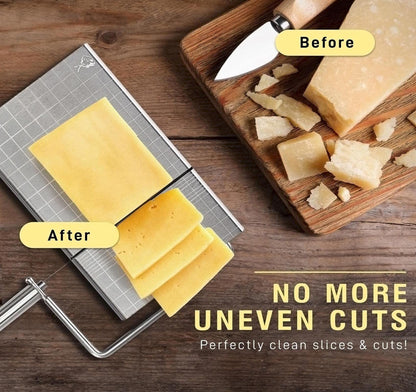Cheese Slicer with Wire for Block Cheese - Adjustable Stainless Steel Cheese Cutter with Precision Scale, Ergonomic Design, 8 Replacement Wires - Perfect for Cheese Boards, Charcuterie, Kitchen Gadget