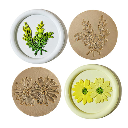 DBEFTLI 4-Piece Botanical Wax Seal Stamp Set – Interchangeable Solid Brass Heads & Wooden Handle – Vintage Floral Collection (Eustoma, Rosemary, Daisy, Tied Bouquet) in Gift Box for Weddings & DIY