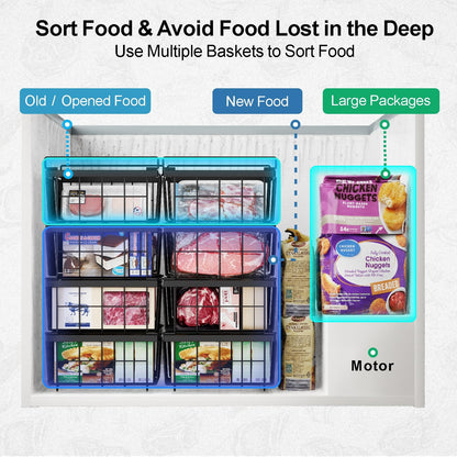 iSPECLE 4 Pack Freezer Organizer Bins - Fit 10 to 20 Cu.Ft Deep Freezer, Expandable Wire Storage Chest Freezer Baskets for Frozen Food, Stackable with Handles, Black