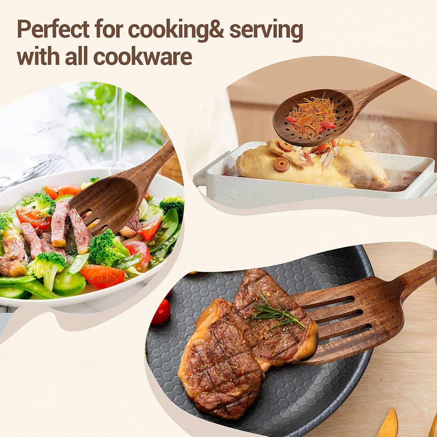 Kitchen Wooden Spoons Utensils Set, 5 Piece Acacia Wood Cooking Utensils for Nonstick Cookware Essentials