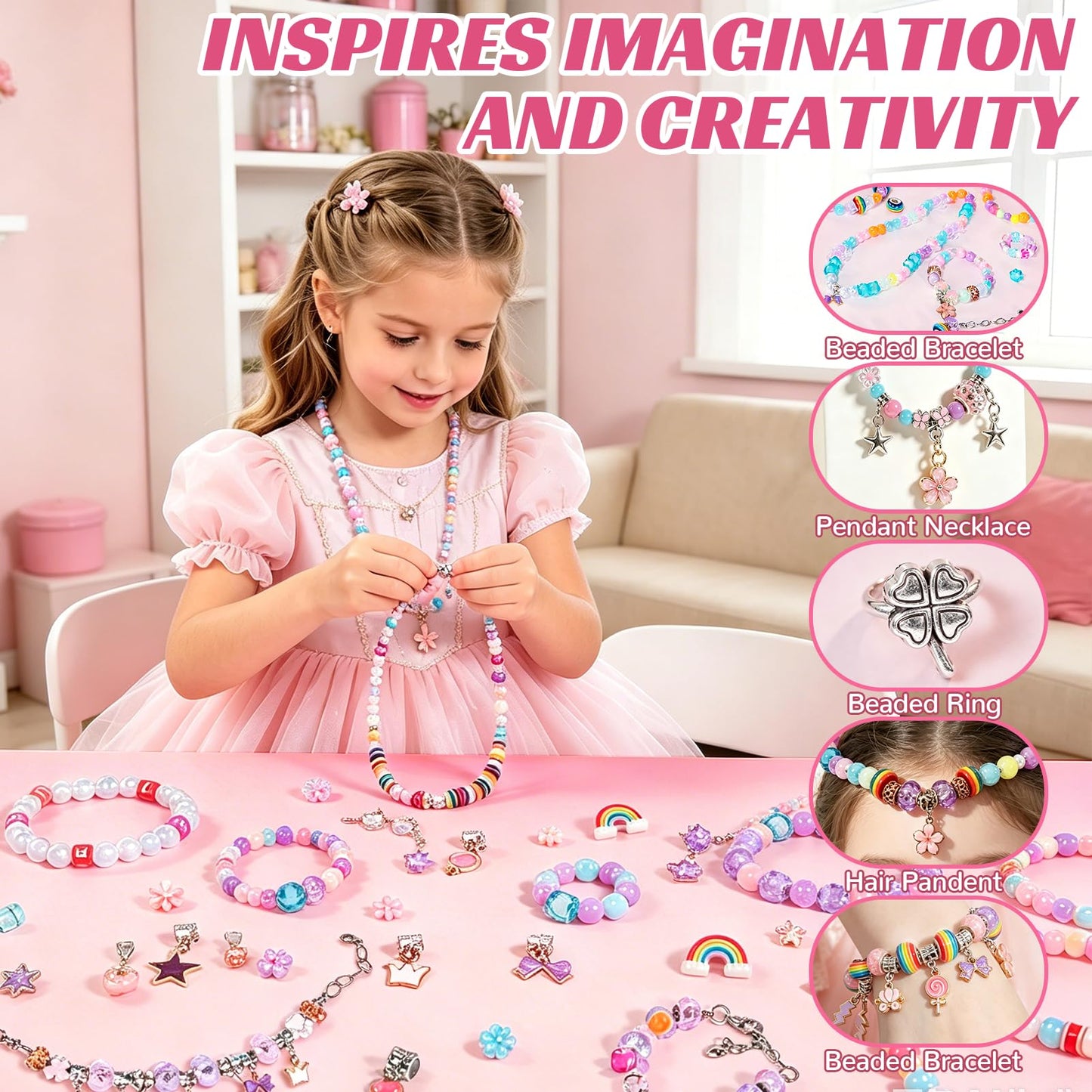 JeeMoien Charm Bracelet Making Kit for Girls 5 6 7 8-12, Friendship Bracelet Kit DIY Craft Jewelry Making Kit Birthday Gift Toy for 6 7 8 9 10 11 Year Old with Portable Jewelry Box, Pink