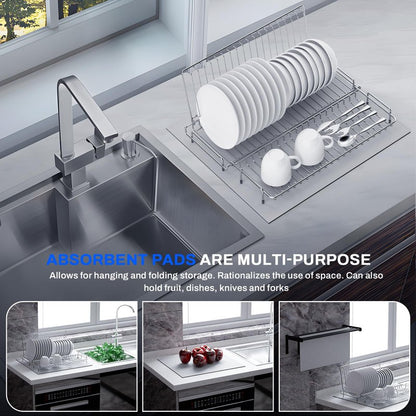 chilinii Dish Drying Rack Stainless Steel Collapsible Foldable Small Dish Rack Countertop Portable Drainer with Drying Mat for Kitchen Dorm RV Campers Travel Trailer Space Saving
