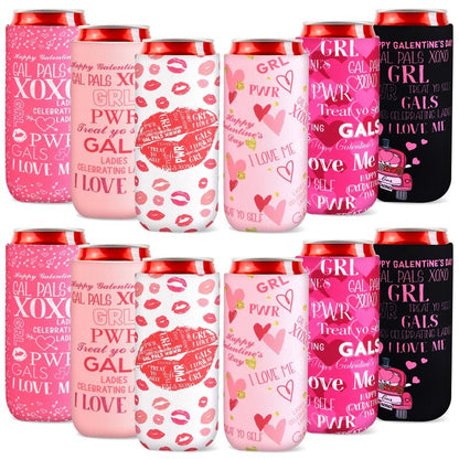Layhit 12 Pcs Happy Galentine's Day Can Sleeves Celebrating Galentine's Day Beverage Covers for Skinny Cans Cooler Insulated Neoprene Drink Holders for Gathering Party Supplies Favor