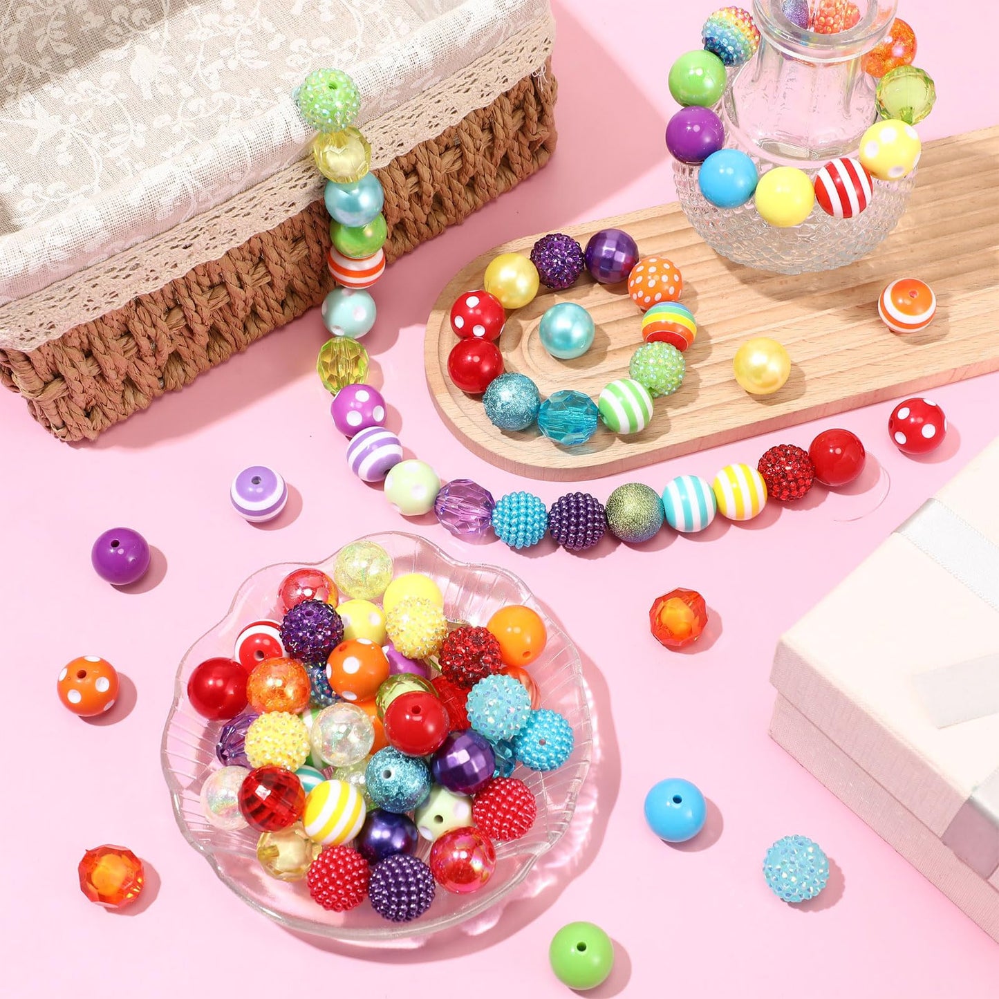 Huquary 100 Pcs 20mm Rhinestone Bubblegum Beads for Pens Mixed Crystal Resin Chunky Beads for DIY Craft Keychain Necklace Bracelet Jewelry Making(Rainbow Color)