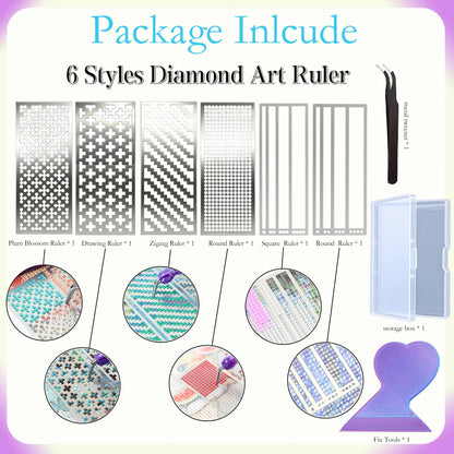 Diamond Art Ruler Stainless Steel 5D Diamond Painting Ruler, Diamonds Alignment Guide Tool for Full or Partial Square and Round Diamonds, Diamond-Paint Fix Tool, Mesh Ruler, Tweezer, 6 Styles