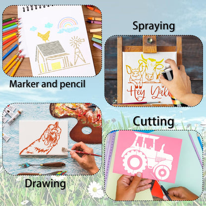 15 Piece Farmhouse Stencils - Reusable Farm Animal Stencils Template for Painting on Wood, Furniture, Fabric, Wall & DIY Crafts (Chicken, Cow, Pig, Horse)