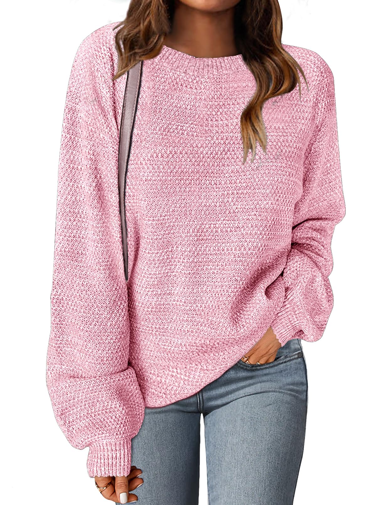 MEROKEETY Women's 2025 Fall Winter Oversized Pullover Sweater Trendy Crew Neck Long Sleeve Heathered Knit Jumper Tops
