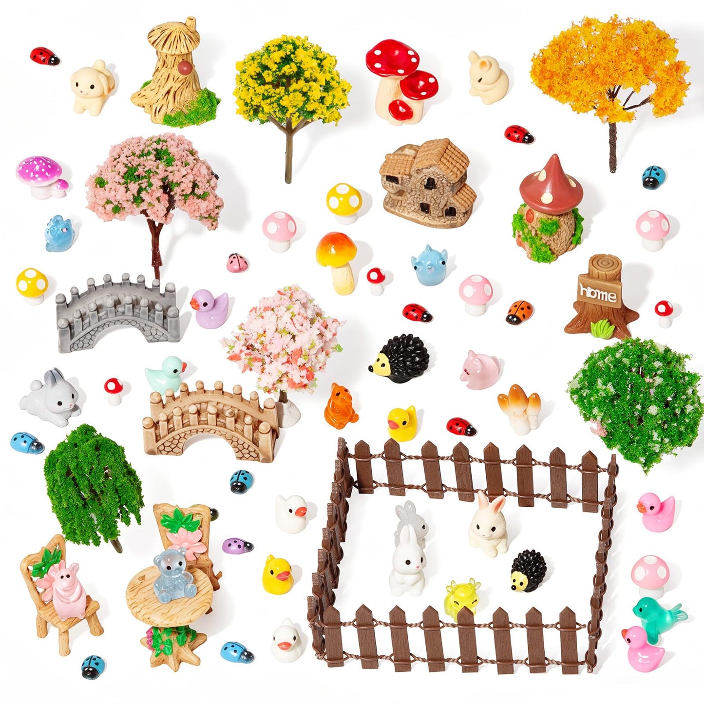 65 Pcs Mini Fairy Garden Accessories, Resin Ornaments Kit with Bridge, Mushroom, Fence, Animals for DIY Bonsai, Potted Plants & Tabletop Landscape Decor