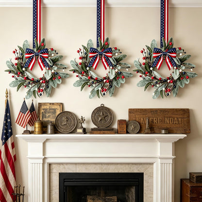 6 PCS Patriotic 4th of July Candle Rings Wreaths Independence Day Candle Rings Holder with Red White Blue Berries & Lamb's Leaves Mini Memorial Day Labor Day Wreath for Home Table Centerpiece Decor