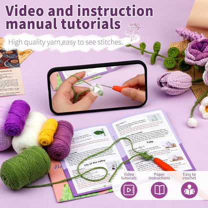 Kogyxe Crochet Kit for Beginners, Purple Rose Crochet Flowers for Adults with Step-by-Step Video Tutorials, DIY Crochet Bouquet Kits Knitting Supplies Include Floral Wire, Newspaper