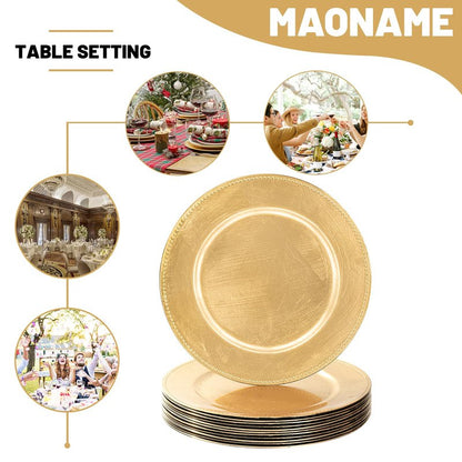 MAONAME Gold Charger Plates Set of 12, Foil 13" Plate Chargers with Beaded, Plastic Round Chargers for Dinner Plates, Table Setting