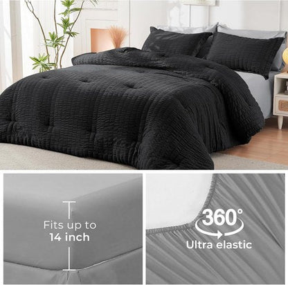 HYMOKEGE California King Comforter Set - 7-Piece All-Season Luxury Bedding in Black & Light Grey