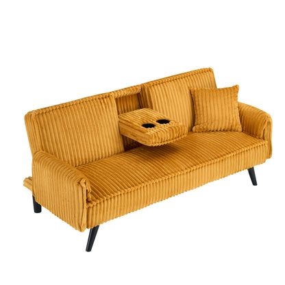 KEIKI 3-in-1 Convertible Sleeper Sofa Bed Loveseat, 72" Corduroy Futon with Hidden Cup Holders, Comfy Cloud Seating for Sitting or Lying, Modern Straight-Line Style, Orange