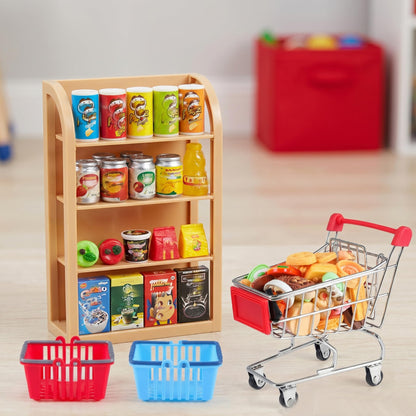 112pcs Miniature Dollhouse Grocery Set Shopping Cart Basket Food Drink Bottle Supermarket Metal Handcart Toys Doll House Store Cosplay Game Dollhouse Grocery Party Trolley Model Dollar Bills