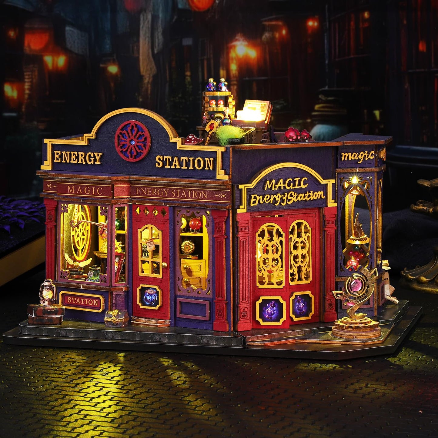 Plustopoy DIY Miniature House Kit: 3D Wooden Puzzle Miniature Kit with LED Light, Magic Station Tiny Model Mini House Building Kit for Adults Teens, Creative Gift Book Nook DIY Adults Craft Kits