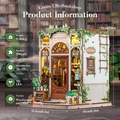 Fsolis Book Nook Kit, 3D Wooden Puzzles for Adults DIY Miniature House Mini Building Kit Booknook Bookstore Bookshelf Diorama Garden Kit Gift for Women Puzzle Lovers (Green Life's Bookshop)