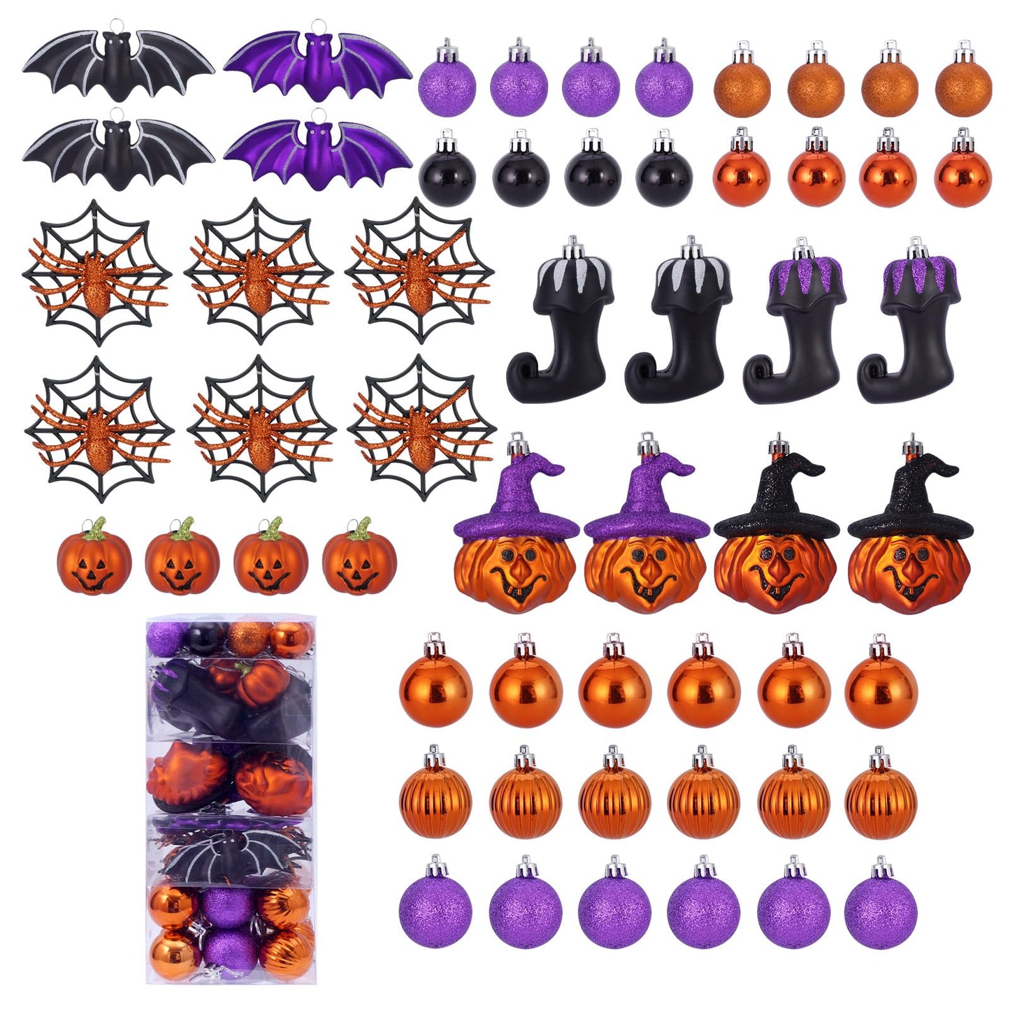 56pcs Halloween Hanging Ornaments for Tree Decorations, Shatterproof Plastic Hanging Halloween Ball Pendants with Pumpkin, Witches Hat Signs, Halloween Tree Decor Party, Holiday, Home (Multi New)