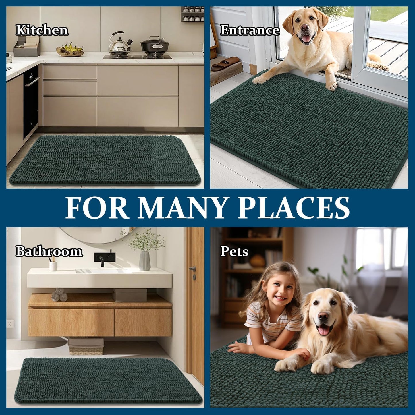 OLANLY Dog Door Mat - Absorbent Non-Slip Washable Doormat for Muddy Paws | 44x24, Blackish Green