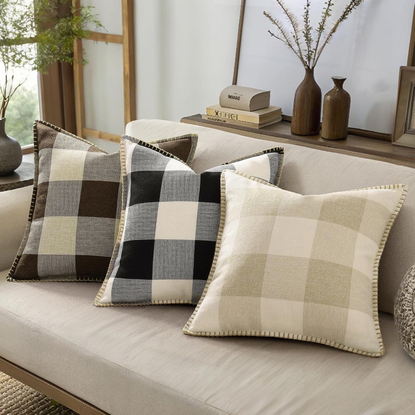 decorUhome Christmas Buffalo Plaid Check Throw Pillow Covers, 16x16 Set of 2, Outdoor Linen Decorative Farmhouse