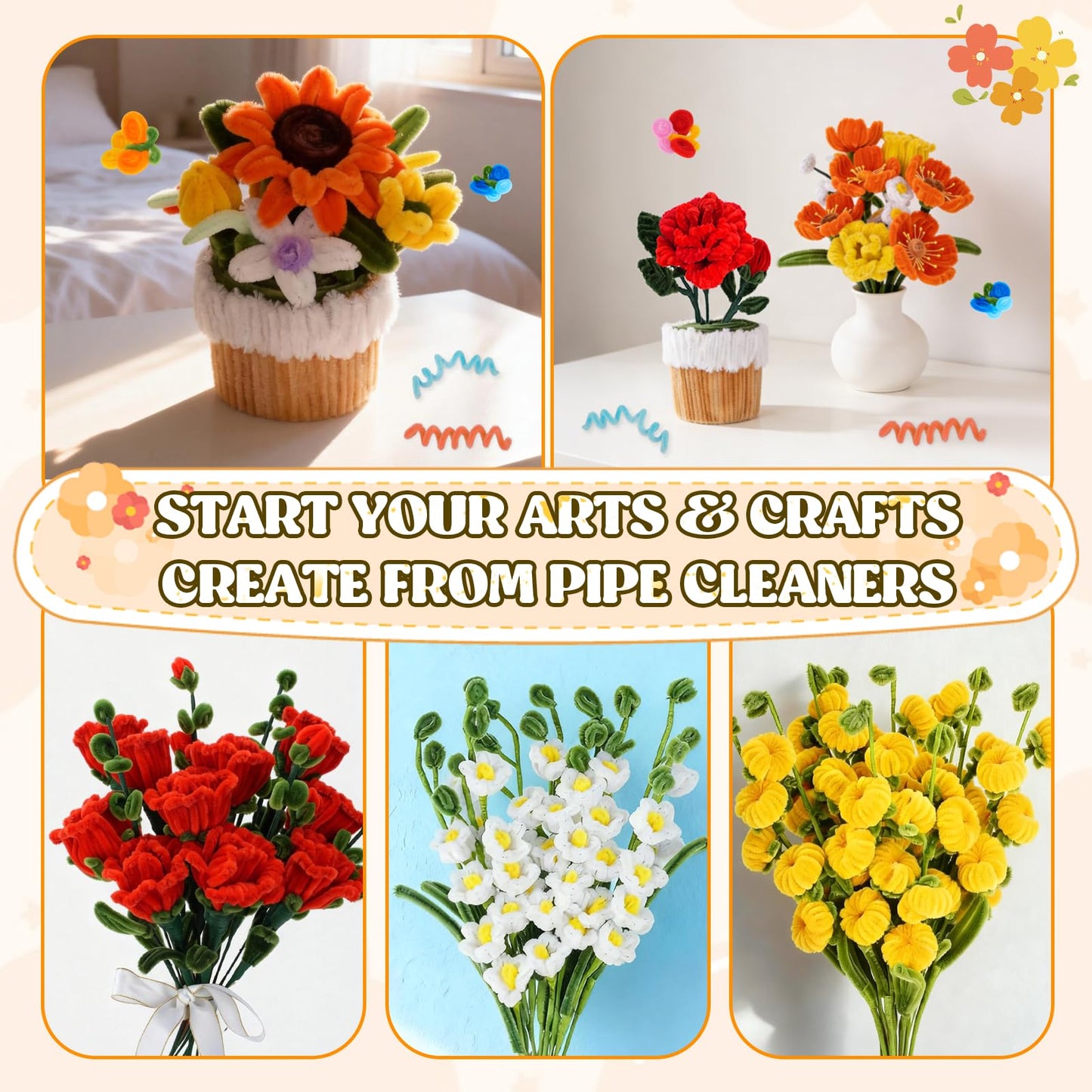 800PCS Pipe Cleaners Flower Kit, Pipe Cleaner Bulk Craft Flower Making Kit with Instruction, 8 Colors Thick Chenille Stems for Arts DIY Craft Supplies with Greeting Card, Floral Wires, Tape, Stamen