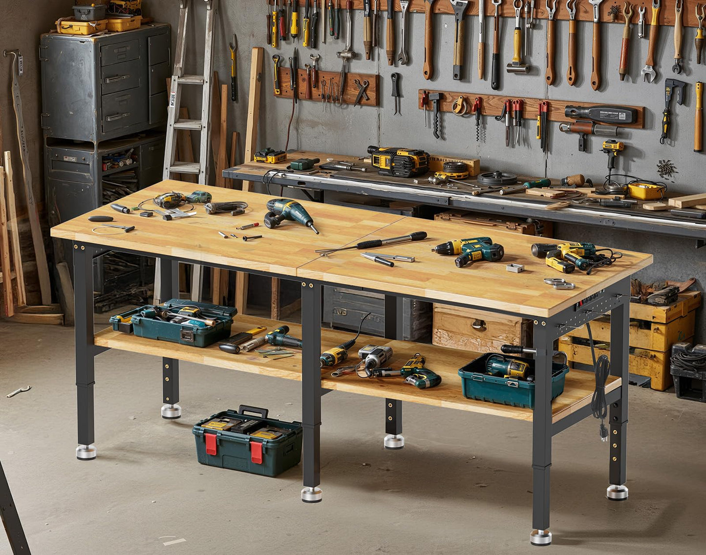 MUWOOD 84” Heavy Duty Work Bench, 2-Layer Adjustable Workbench, 5000 LBS Capacity Work Bench with Power Outlet & Pegboard, Rubber Wood Work Table for Garage, Workshop, Office, Home