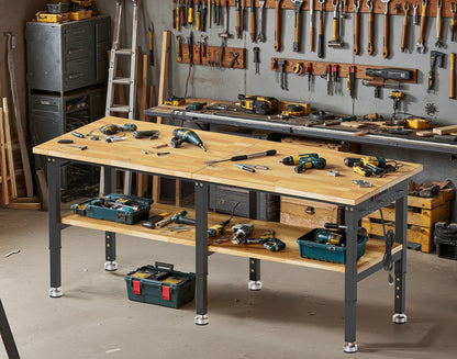 MUWOOD 84” Heavy Duty Work Bench, 2-Layer Adjustable Workbench, 5000 LBS Capacity Work Bench with Power Outlet & Pegboard, Rubber Wood Work Table for Garage, Workshop, Office, Home