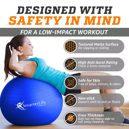 SmarterLife Exercise Ball Yoga Ball for Fitness, Balance, Stability, or Pregnancy, Gym Ball for Core Workout, Physical Therapy, Yoga Ball Chair for Office, Anti-Slip Anti-Burst