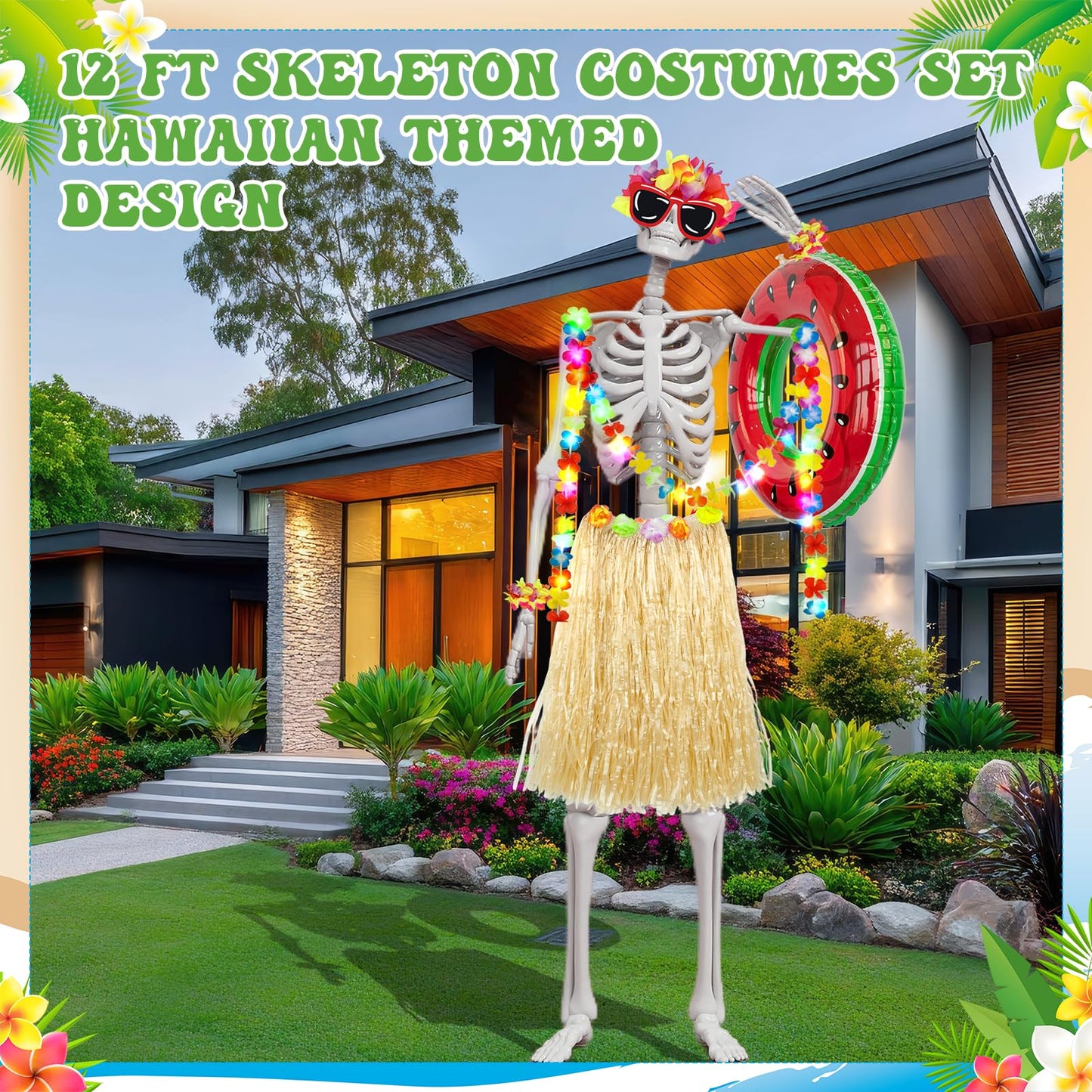 Jiytivity 8 Pcs 12 Ft Skeleton Summer Costume Set Hawaiian Skeleton Clothes Accessories Include Inflatable Watermelon Swimming Ring Hawaiian Leis Skirt Bracelet Glasses for Luau Garden Lawn Decor