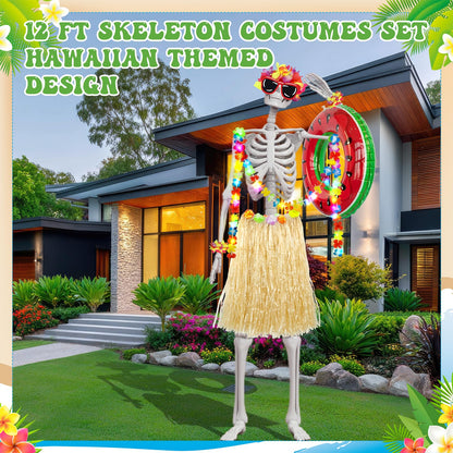 Jiytivity 8 Pcs 12 Ft Skeleton Summer Costume Set Hawaiian Skeleton Clothes Accessories Include Inflatable Watermelon Swimming Ring Hawaiian Leis Skirt Bracelet Glasses for Luau Garden Lawn Decor