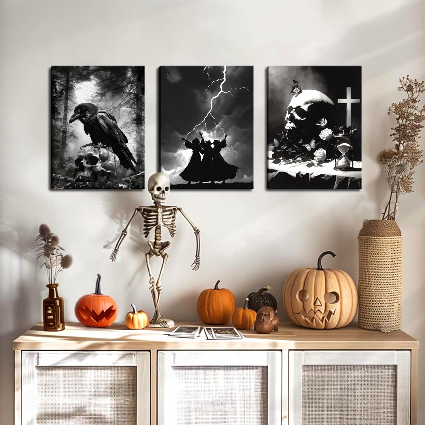 Framed Dark Gothic Canvas Wall Art Set of 3, Creepy Witchy Halloween Wall Decor Paintings, Crow and Skull Goth Aesthetic Posters Prints for Living Room Bedroom Bathroom Home Decor 12x16In