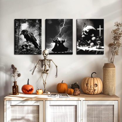 Framed Dark Gothic Canvas Wall Art Set of 3, Creepy Witchy Halloween Wall Decor Paintings, Crow and Skull Goth Aesthetic Posters Prints for Living Room Bedroom Bathroom Home Decor 12x16In