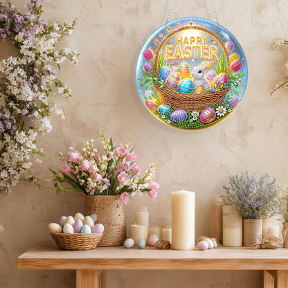 Aeepics Easter Diamond Art Hanging Kits for Adult, DIY Round Diamonds Painting Pendant Ornament Kit, Acrylic Diamond Art Board Painting (Happy Easter)