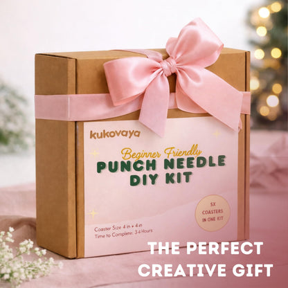 Kukovaya Punch Needle Kit for Beginners & Adults – Complete DIY Embroidery 6-Coaster Kit with Printed Fabric, Yarn, Needle, Hoop & Guide – Easy Craft Kit for Home Décor, Gifts & Stress Relief