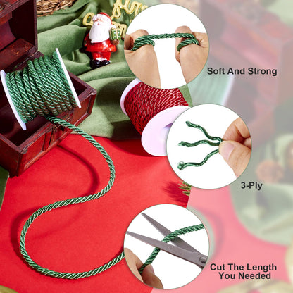 Beadthoven 2 Rolls/8.74 Yards 5mm Christmas Braided Cord Red Green 3-Ply Shiny Polyester Twisted Twine Cord Rope Decorative Thread Strings for DIY Bracelets Necklace Upholstery Curtain Home Decoration
