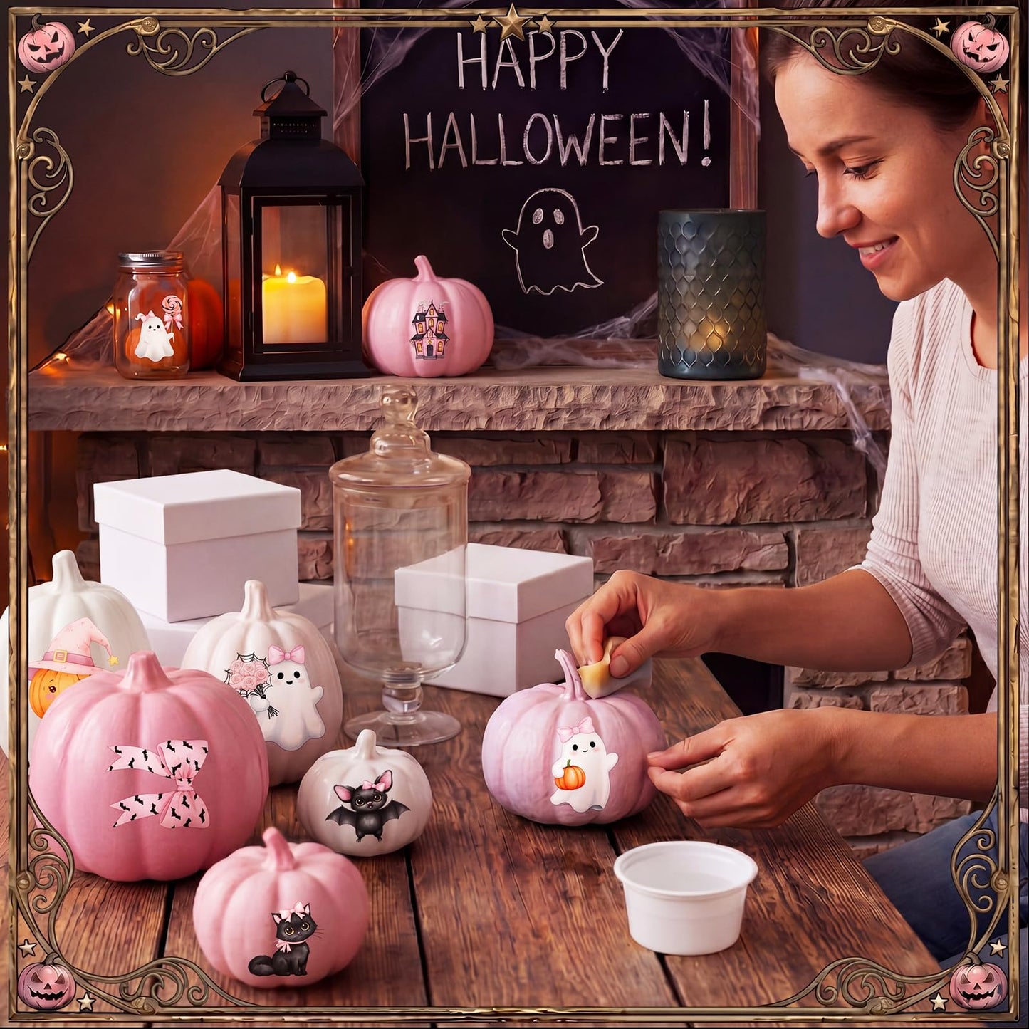 Harloon 15 Sheets Halloween Cute Ghost Rub on Transfers for Crafts Furniture Wood Ornaments Pink Bow Ghost Pumpkin Stickers Rub on Decals for Halloween Scrapbook DIY Wood Fabric Journal Envelope
