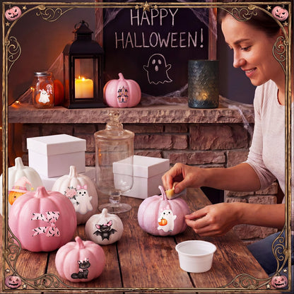Harloon 15 Sheets Halloween Cute Ghost Rub on Transfers for Crafts Furniture Wood Ornaments Pink Bow Ghost Pumpkin Stickers Rub on Decals for Halloween Scrapbook DIY Wood Fabric Journal Envelope