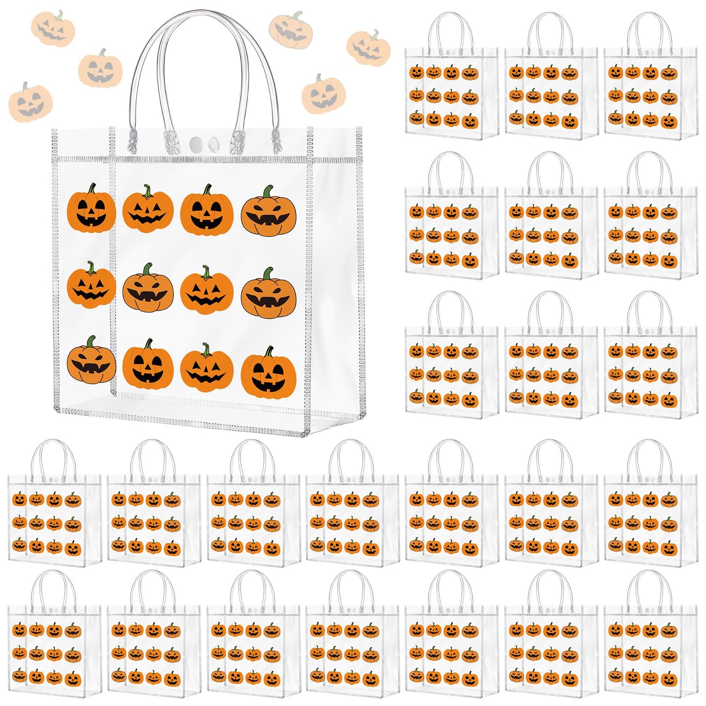 Kosiz 24 Pcs Halloween Clear Gift Bags Pumpkin Goodie Bag Halloween Party Favors PVC Treat Bags Bulk with Handle for Candy, Autumn Thanksgiving Party Supplies