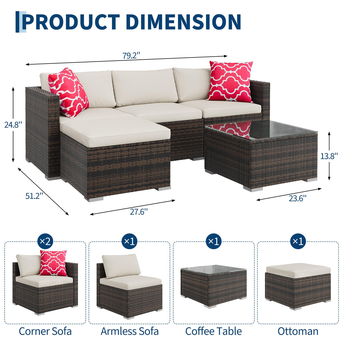 GAOMON 5-Piece All-Weather Patio Furniture Set, Convertible Outdoor Sectional Sofa with Ottoman & Tempered Glass Table, PE Rattan Conversation Set for Garden, Backyard, Porch, Poolside