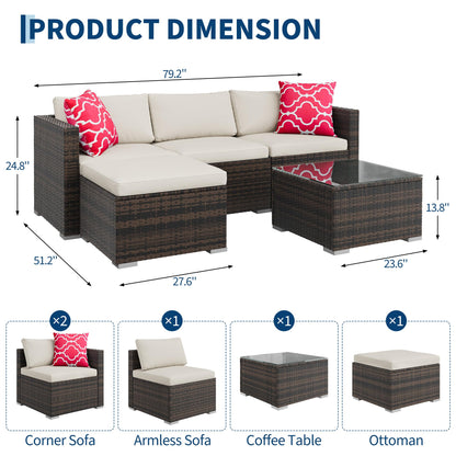 GAOMON 5-Piece All-Weather Patio Furniture Set, Convertible Outdoor Sectional Sofa with Ottoman & Tempered Glass Table, PE Rattan Conversation Set for Garden, Backyard, Porch, Poolside