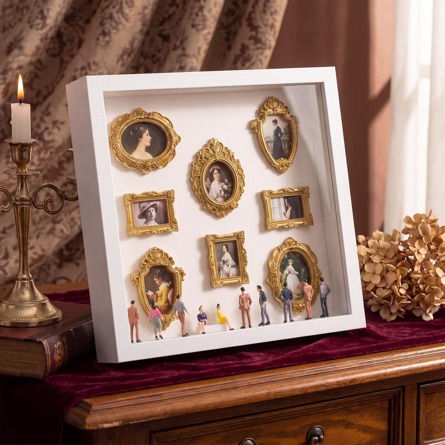 Lineshading DIY Mini Silhouette Shadow Box Museum Frame Kit with 8 Gold Mini Frames and 9 Figurines, Personalized Memory Collage for Anniversary Wedding Birthday Home Decor(White)
