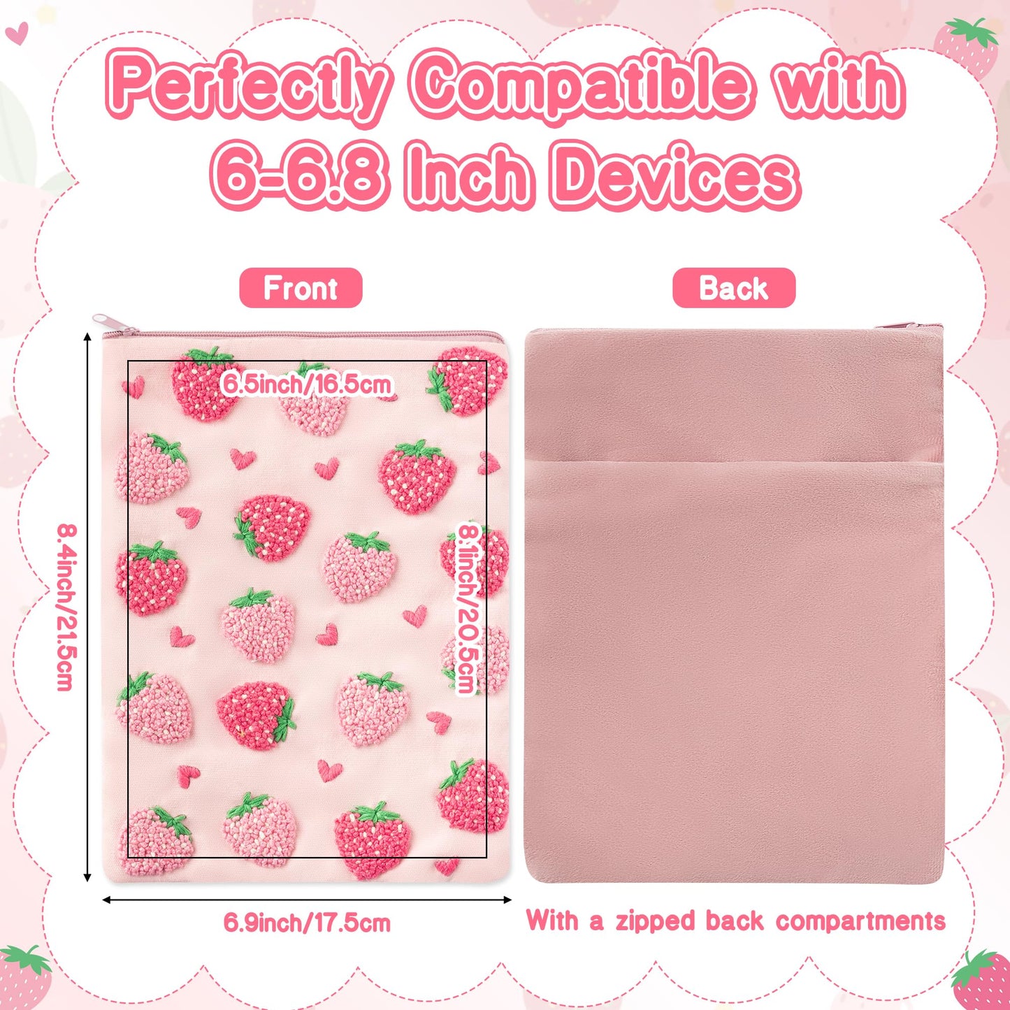Fiupan All-in-One Strawberry Embroidery Kit - DIY Craft Kit with Thread, Fabric & Needles, Pink Embroidery Pouch for Tablet E-Reader Sleeve, Creative Birthday Gifts for Beginners（6-6.8 Inch）