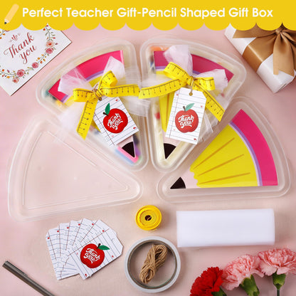 6 Set 9.05*7.28 in Large Teacher Appreciation Gifts Box with Apple Cards Ruler Ribbon Mesh, Back to School Reusable Pizza Storage Containers, Pencil Shaped Gift Box for Wrapping Teacher Appreciation