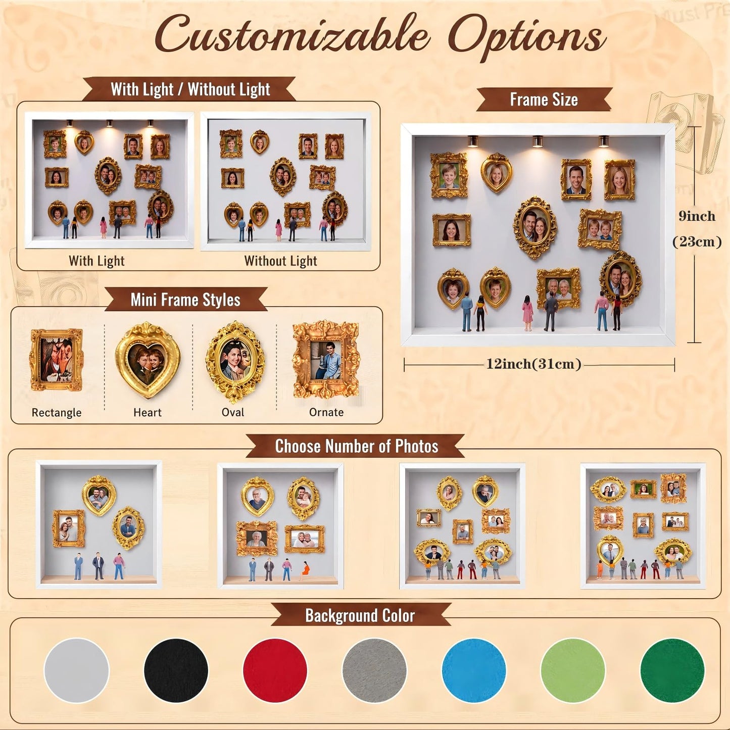 WQLLWFC Mini Museum Frame Silhouette Box Kit ，Wedding Shadow Memory Box with Gold Frames & Figurines & Background Paper，Perfect for Anniversaries, Mother's Day, Birthdays, Valentine's Day , Home Decor